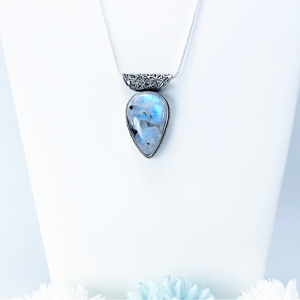 Blue Flash Tourmaline Moonstone Pendant Necklace Sterling Silver 925 Vintage New - Picture 2 of 7